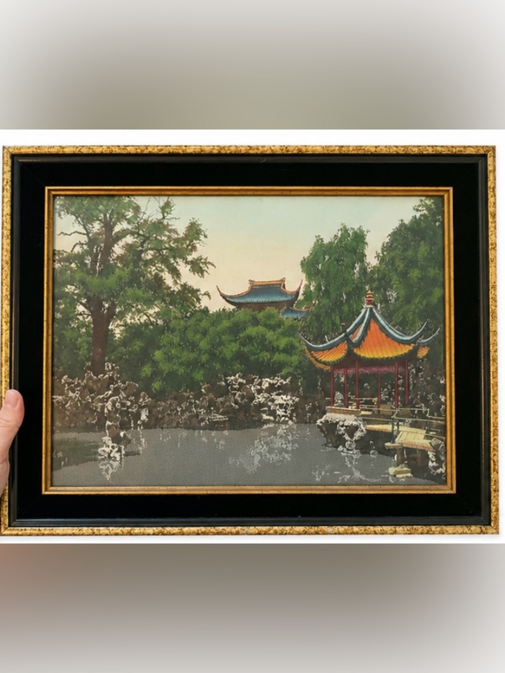 Professionally framed 60s Vintage silk tapestry from china 16.5x13.5 inches